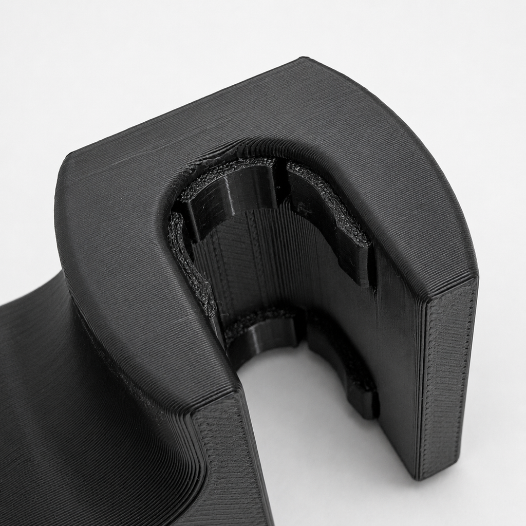 Black 3D-printed object on a white background