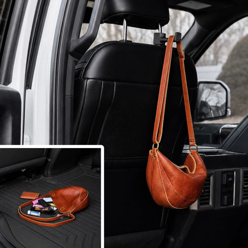 Brown leather handbag hanging from a car headrest with a close-up of the interior of the bag showing items.