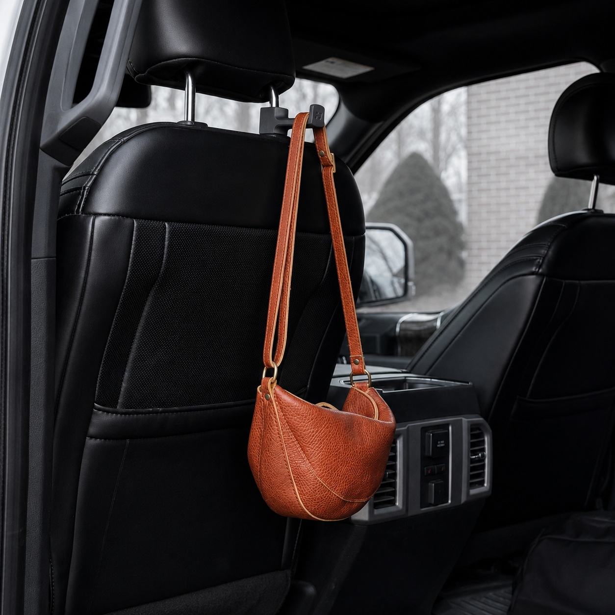 Brown leather handbag hanging from a car headrest hook.