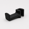 Black plastic headrest hook on a white background