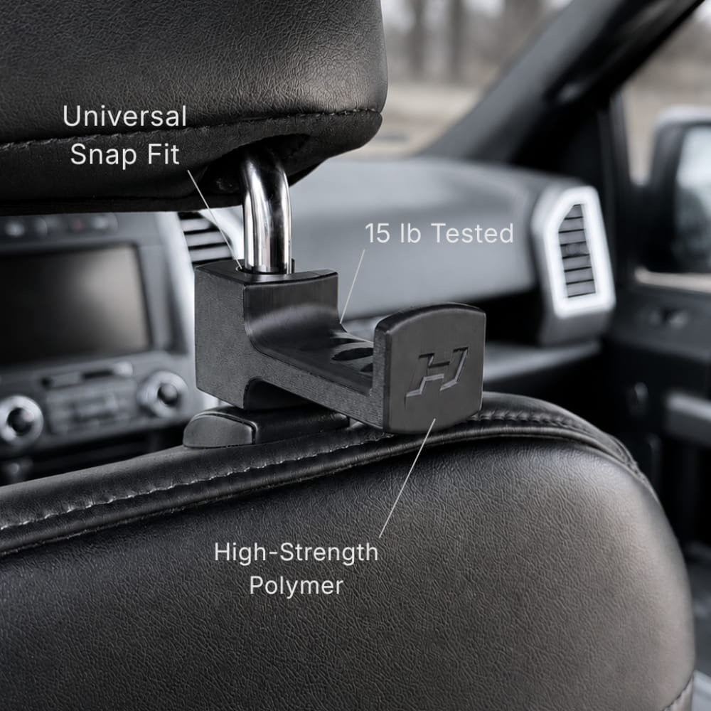 Car headrest hook with text highlighting features on a car interior background