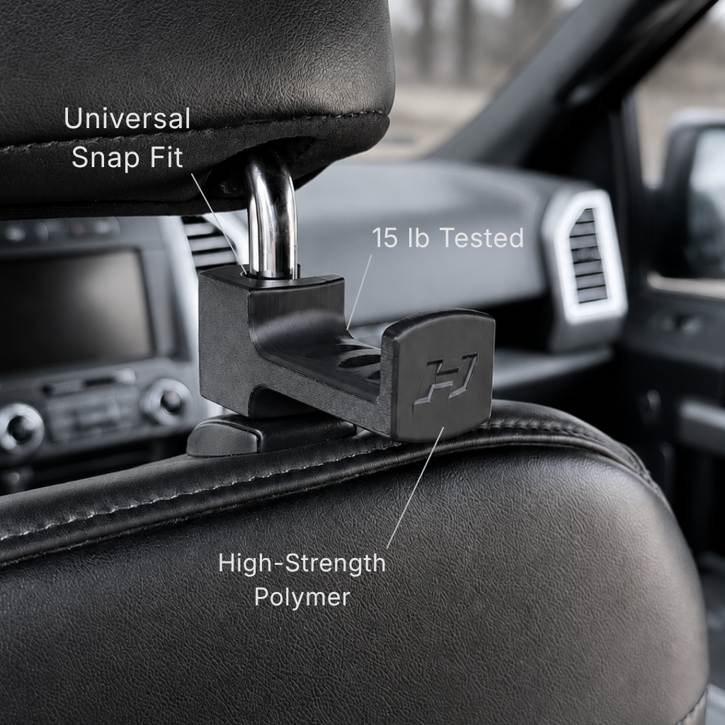 Car headrest holder with text highlighting features on a car interior background