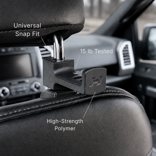 Car headrest holder with text highlighting features on a car interior background