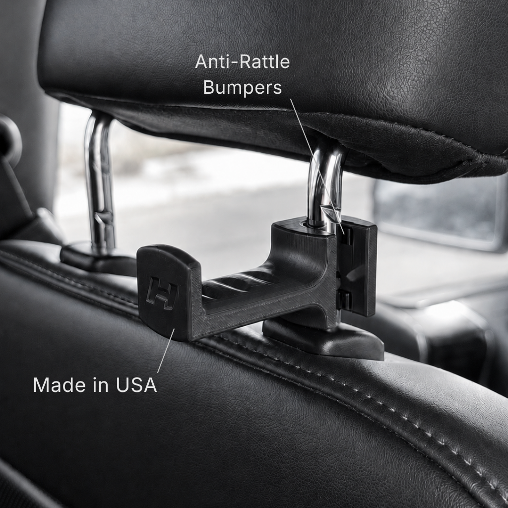 Car headrest hook with anti-rattle bumpers and 'Made in USA' label